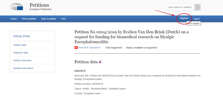 Screenshot of the registration process for petition 0204/2019 on additional funding for ME/CFS. 